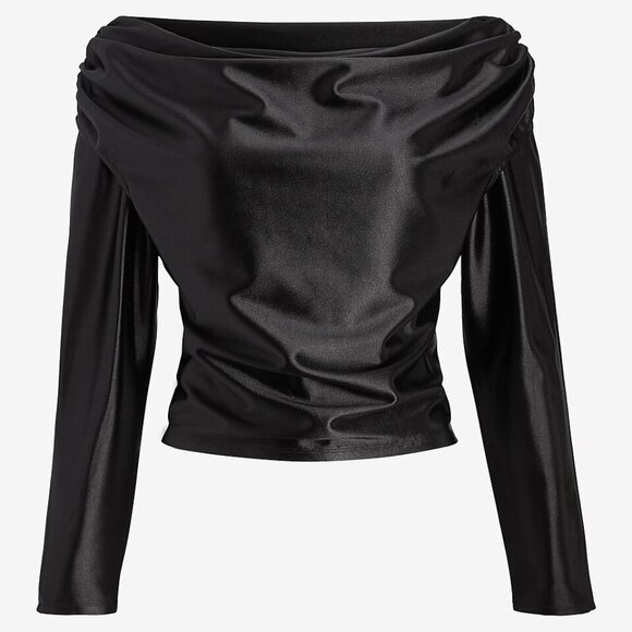 Dark Green Satin Off the Shoulder Draped Top by Express - Picture 4 of 4